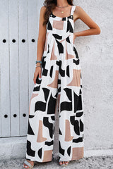 Printed Wide Strap Jumpsuit with Pockets - Flyclothing LLC