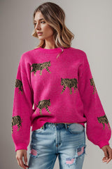 Tiger Pattern Round Neck Drop Shoulder Sweater - Flyclothing LLC