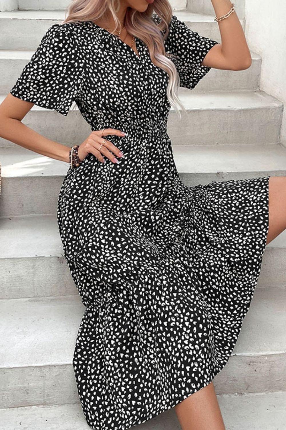 Leopard Print Short Sleeve Midi Dress - Trendsi