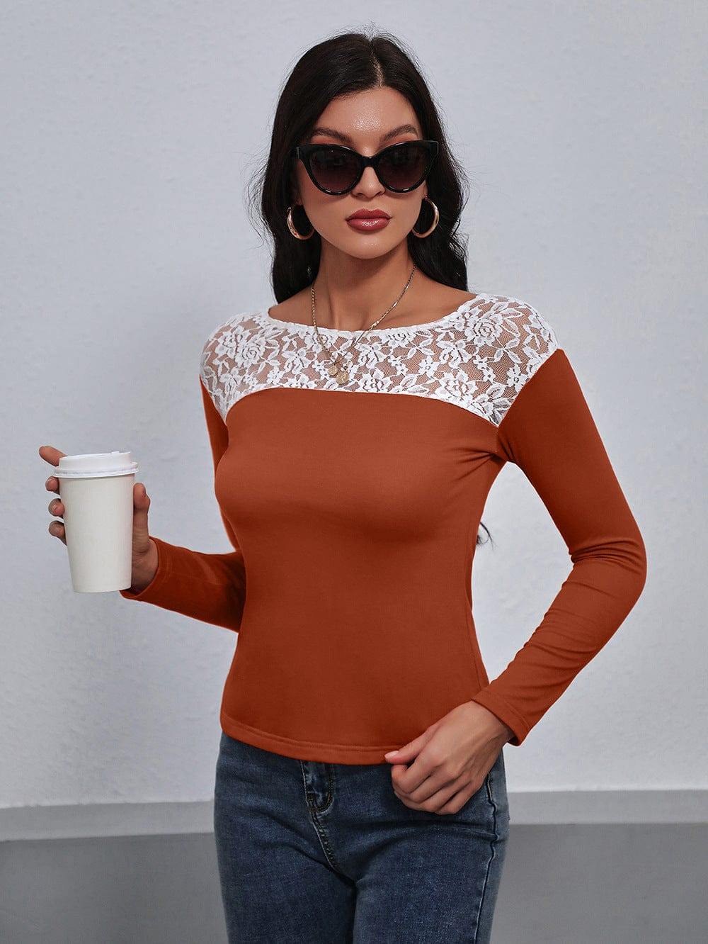 Lace Trim Long Sleeve Round Neck Tee - Trendsi