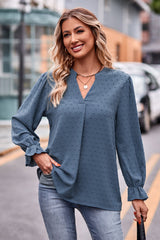 Swiss Dot Notched Neck Flounce Sleeve Blouse - Flyclothing LLC