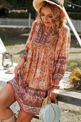 Bohemian Tie Neck Balloon Sleeve Dress - Flyclothing LLC