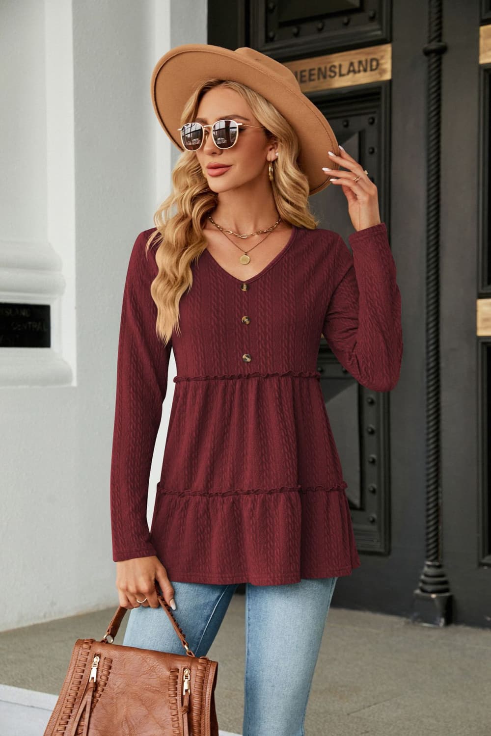 Long Sleeve V-Neck Cable-Knit Blouse - Flyclothing LLC