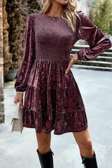 Smocked Round Neck Balloon Sleeve Mini Dress - Flyclothing LLC