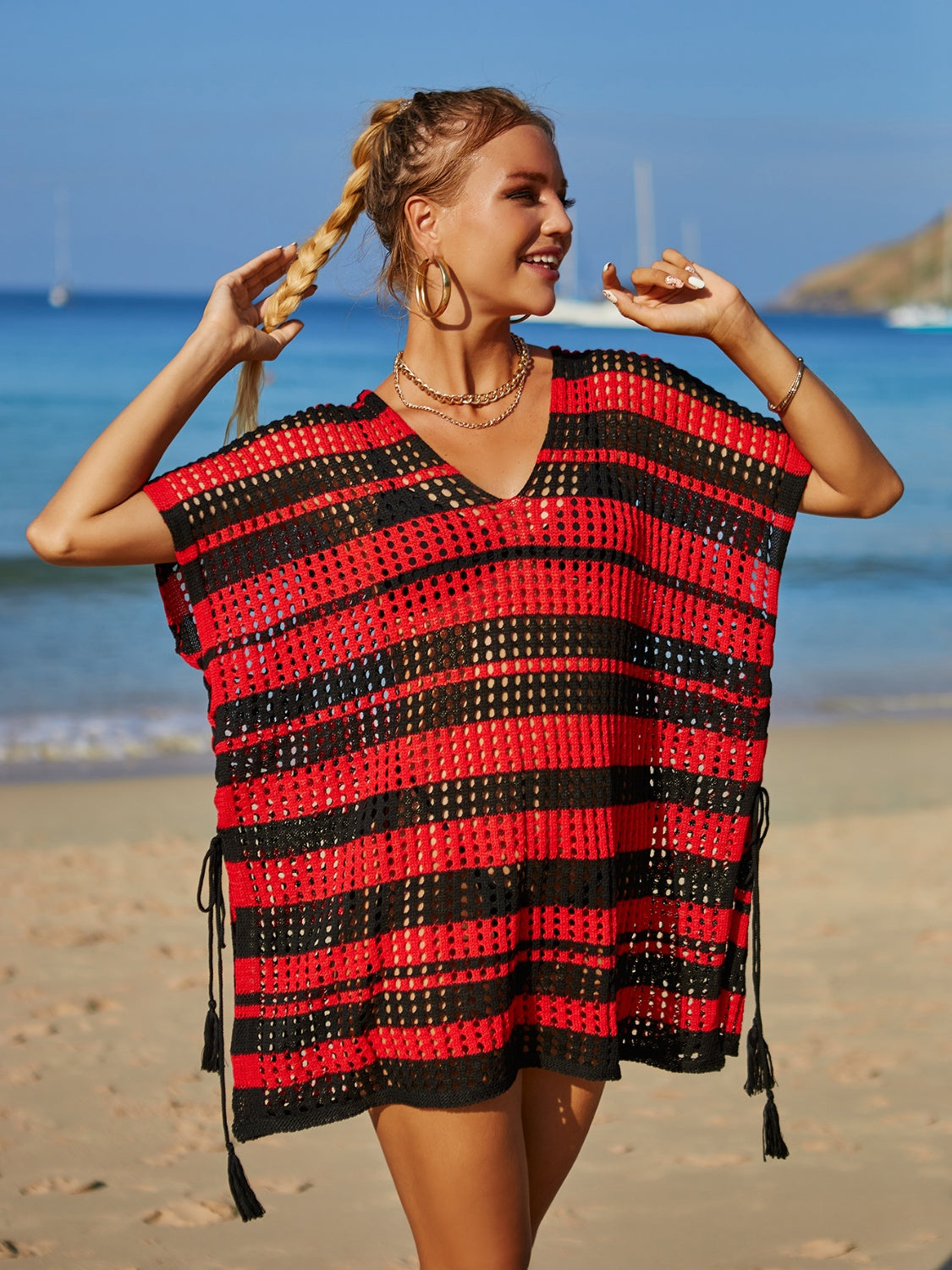 Tassel Openwork Striped V-Neck Cover Up - Flyclothing LLC