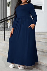 Plus Size Round Neck Long Sleeve Maxi Dress with Pockets - Flyclothing LLC