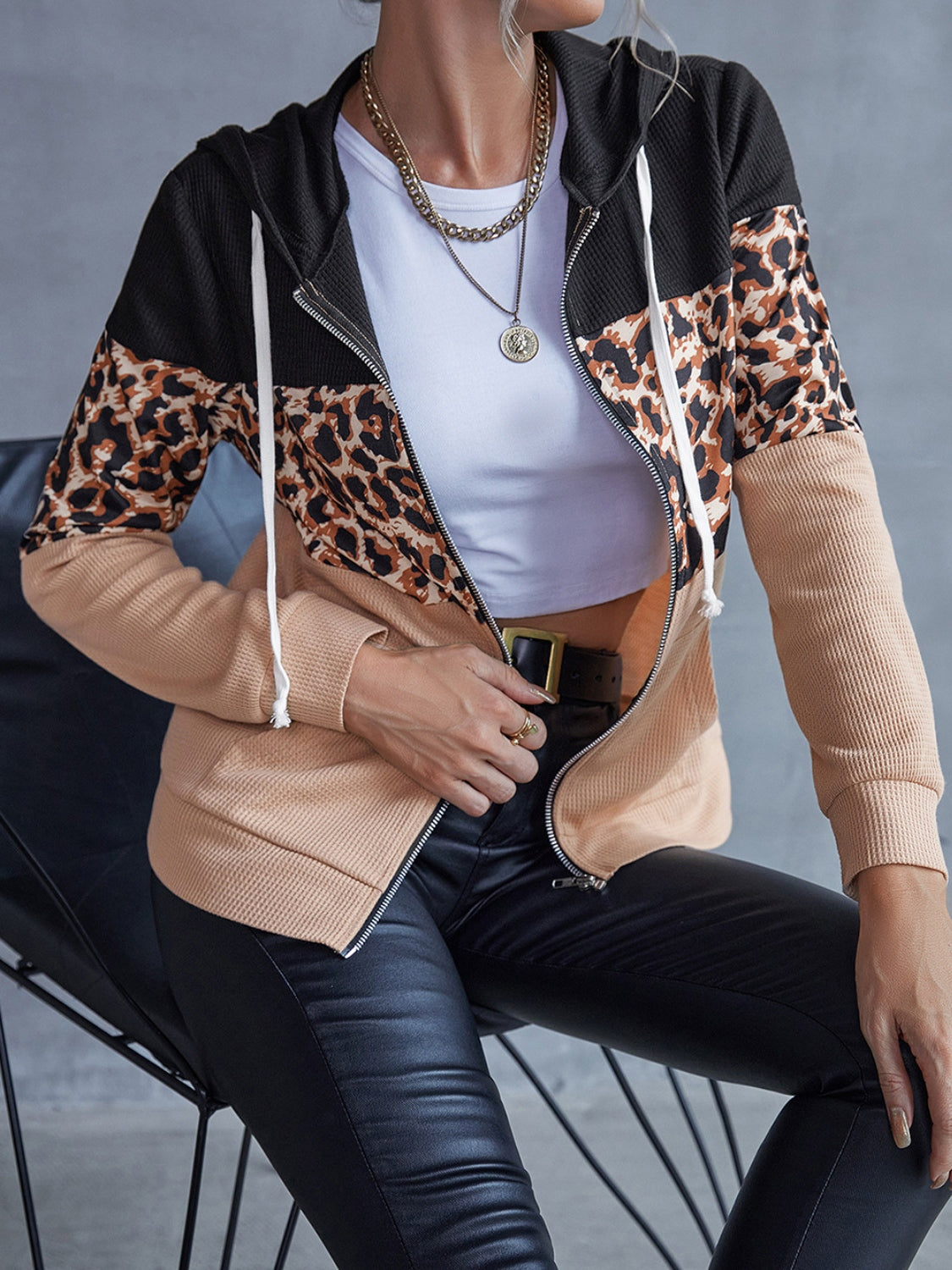 Drawstring Leopard Zip Up Hooded Jacket - Flyclothing LLC