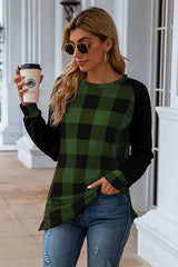 Plaid Round Neck Long Sleeve T-Shirt - Flyclothing LLC