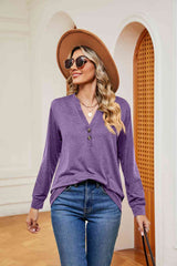 Buttoned Notched Neck Long Sleeve Top - Flyclothing LLC