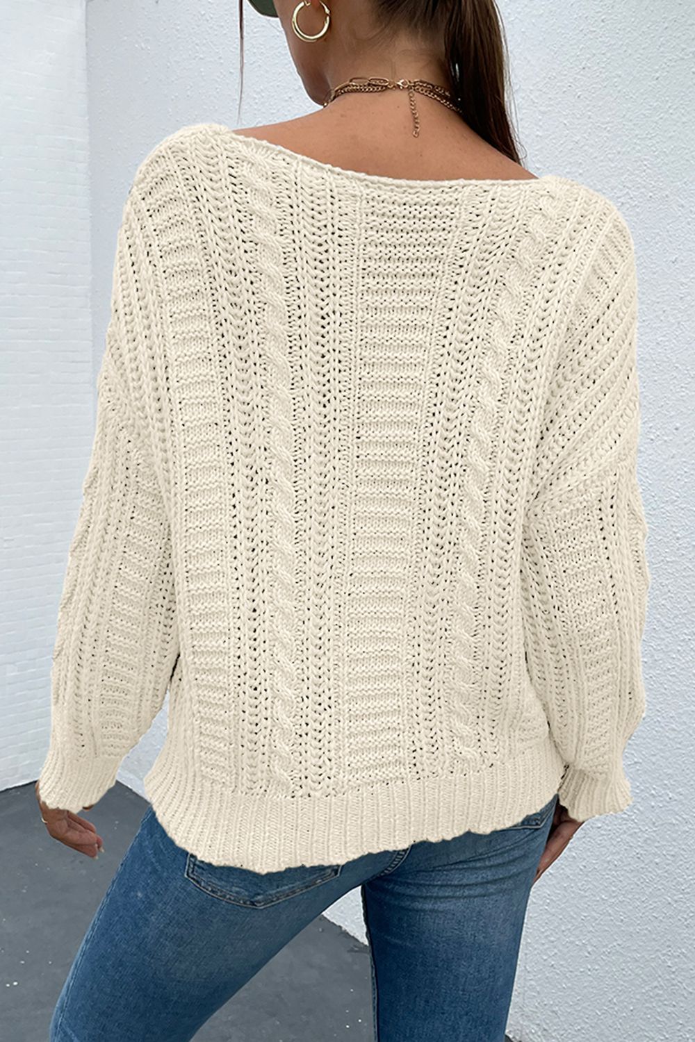 V-Neck Cable-Knit Long Sleeve Sweater - Light Gray / S