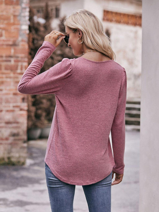 Pleated Detail Curved Hem Long Sleeve Top - Flyclothing LLC