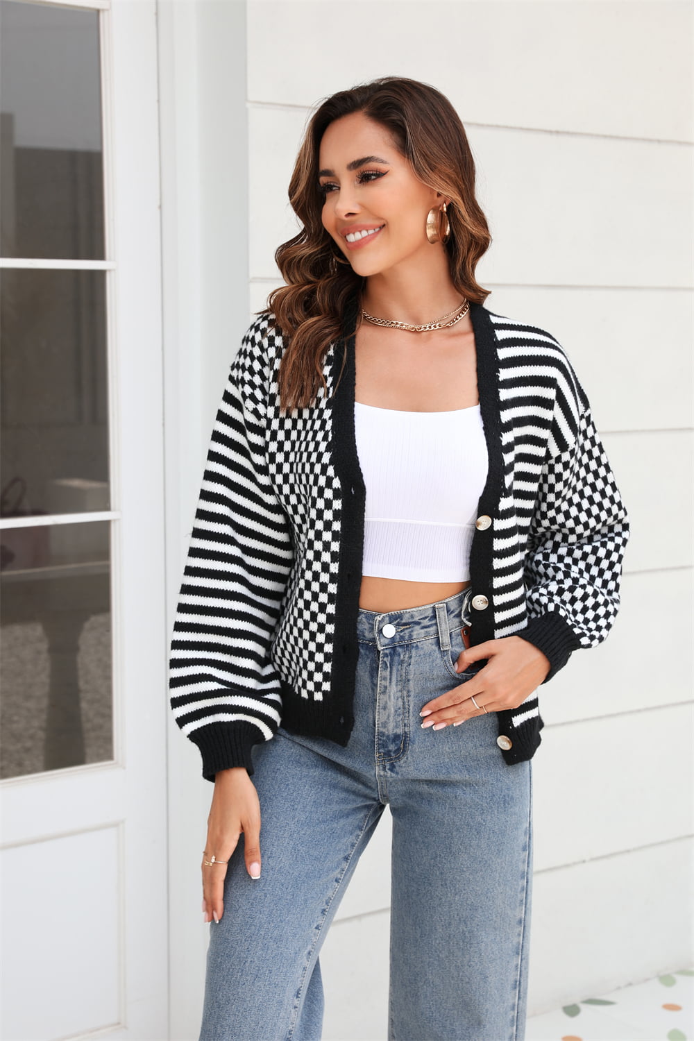 Button-Down Stripe & Plaid Contrast Pattern Cardigan - Trendsi