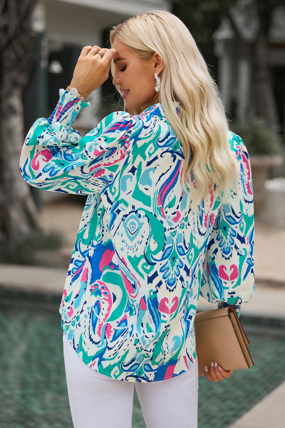 Printed Puff Sleeve Collared Blouse - Flyclothing LLC