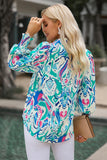 Printed Puff Sleeve Collared Blouse - Flyclothing LLC