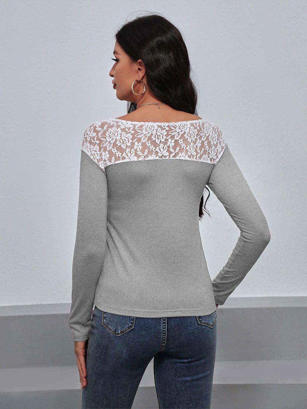 Lace Trim Long Sleeve Round Neck Tee - Trendsi