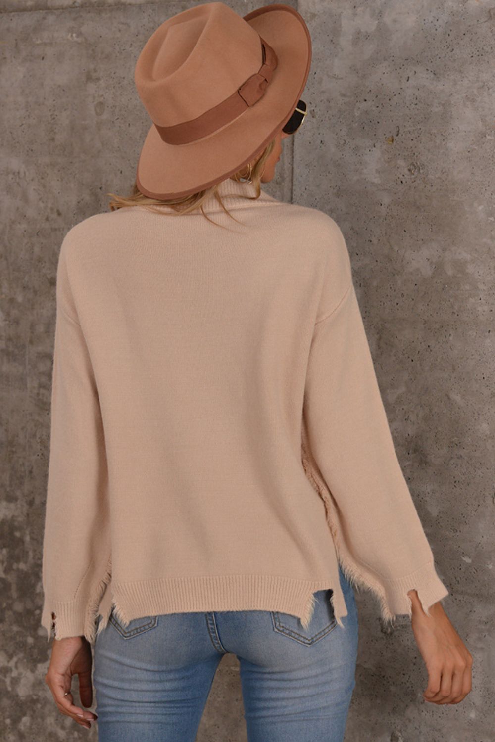 Frayed Trim V-Neck Sweater - Flyclothing LLC