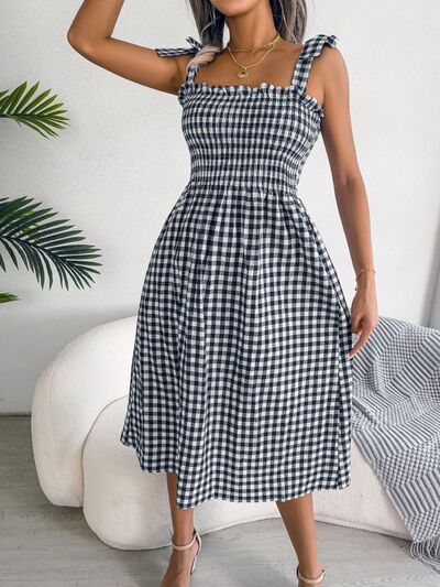 Frill Plaid Square Neck Midi Dress - Flyclothing LLC