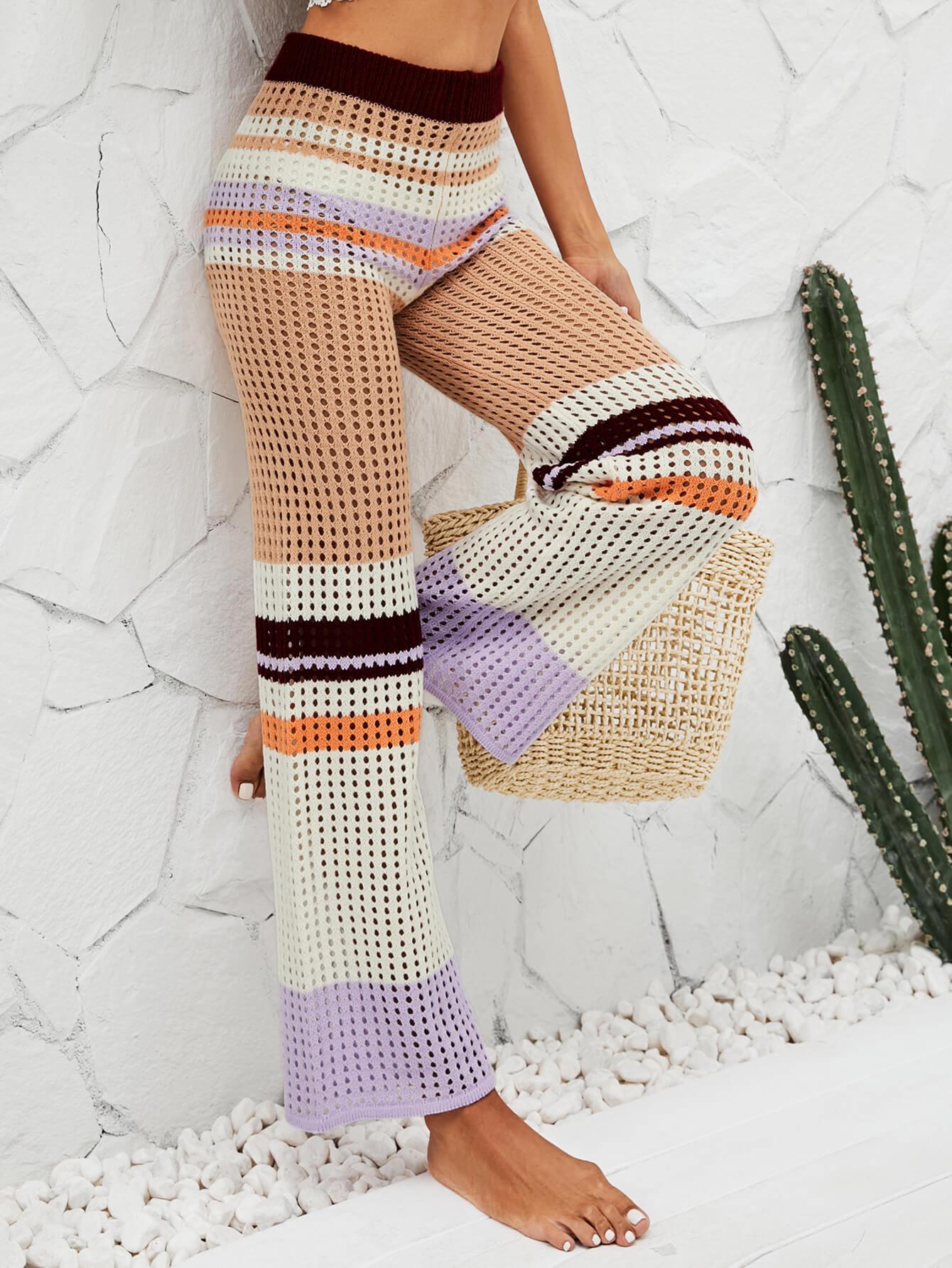 Color Block Openwork Knit Pants - Trendsi