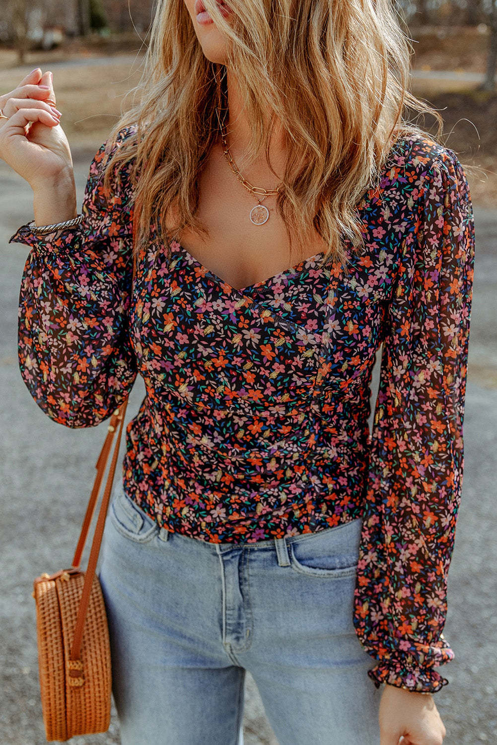 Floral Long Flounce Sleeve Blouse - Flyclothing LLC