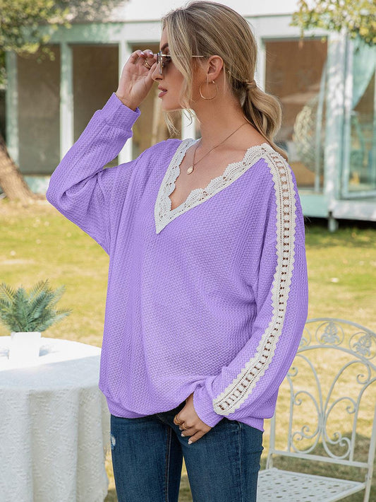 Contrast Spliced Lace V-Neck Top - Flyclothing LLC