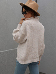 High Neck Balloon Sleeve Rib-Knit Pullover Sweater - Flyclothing LLC