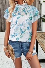 Printed Ruffled Mock Neck Blouse - Flyclothing LLC