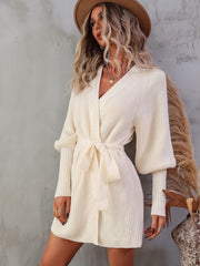 Belted Surplice Lantern Sleeve Wrap Sweater Dress - Trendsi