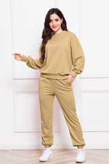 Round Neck Long Sleeve Sweatshirt and Pants Set - Flyclothing LLC