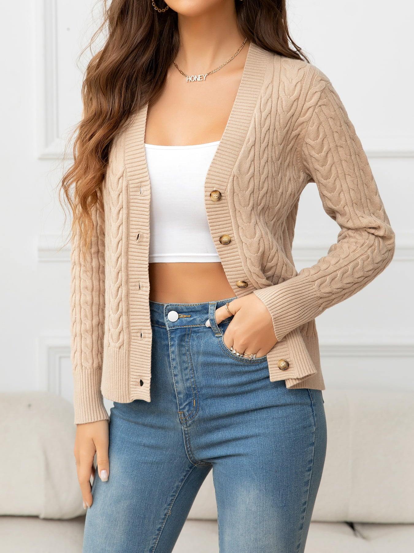 V-Neck Long Sleeve Cable-Knit Buttoned Knit Top - Flyclothing LLC