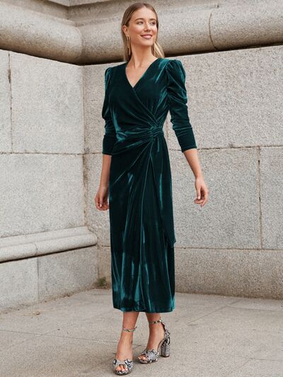 Surplice Puff Sleeve Midi Dress - Flyclothing LLC