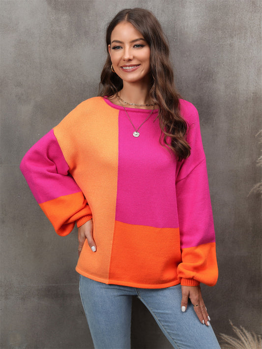 Color Block Round Neck Dropped Shoulder Sweater - Trendsi