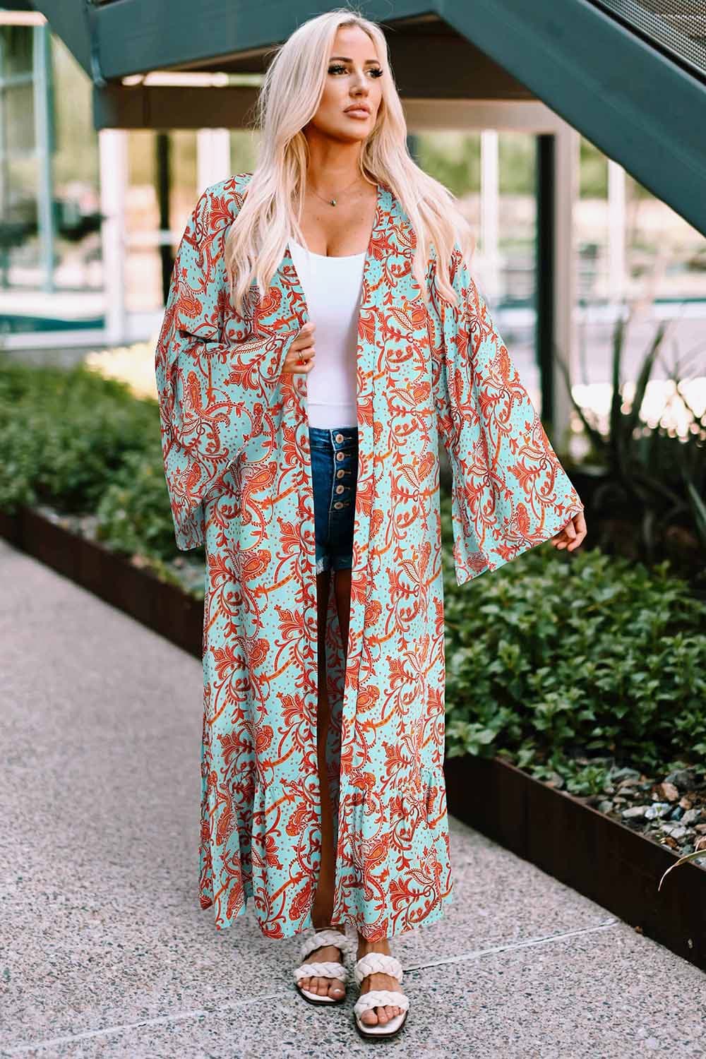 Printed Open Front Duster Cardigan - Flyclothing LLC