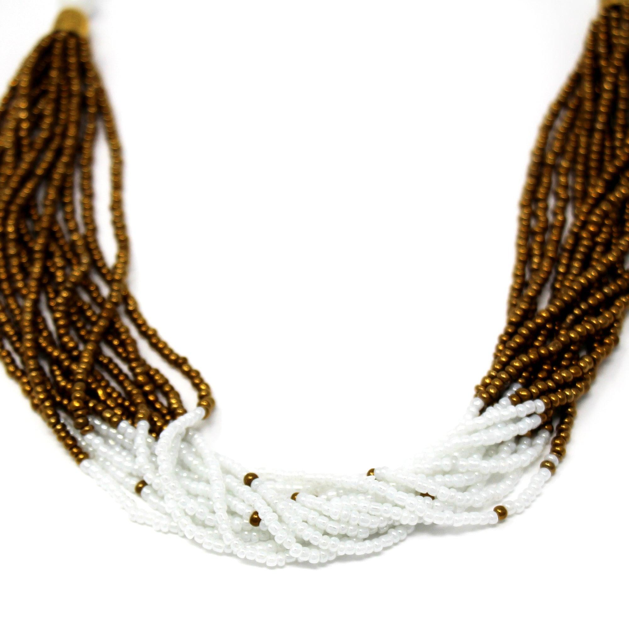 Multistrand Maasai Bead Necklace, White and Gold - Flyclothing LLC