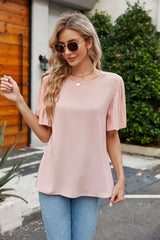 Pleated Flutter Sleeve Round Neck Blouse - Flyclothing LLC