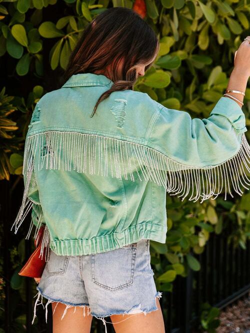 Fringed Chain Raw Hem Distressed Jacket - Flyclothing LLC