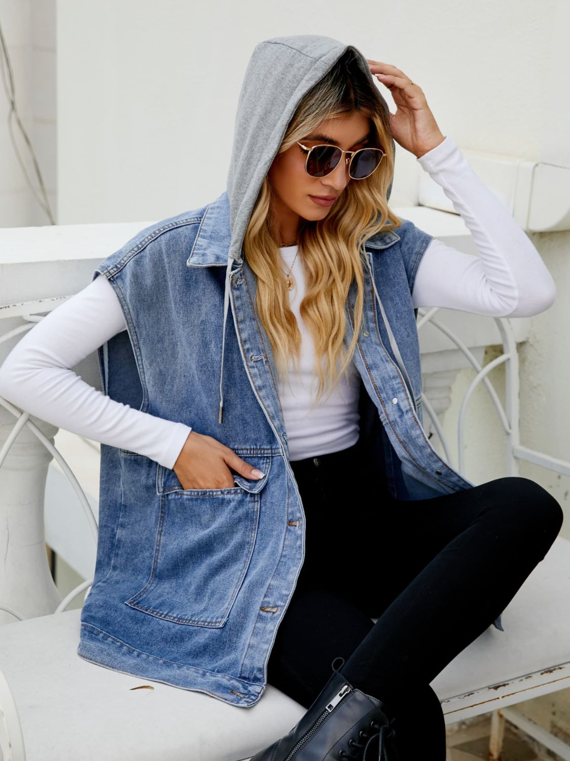 Hooded Sleeveless Denim Top with Pockets - Flyclothing LLC