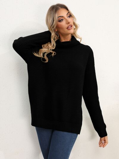 Slit Turtleneck Dropped Shoulder Sweater - Flyclothing LLC