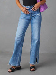 Slit Buttoned Jeans with Pockets - Flyclothing LLC