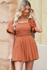 Square Neck Pleated Dress with Pockets