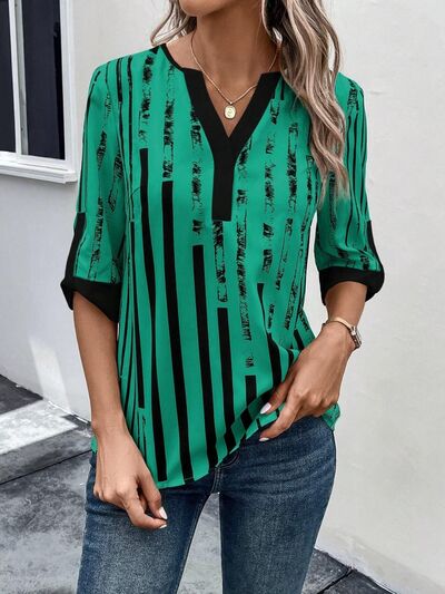 Striped Notched Half Sleeve Blouse - Flyclothing LLC