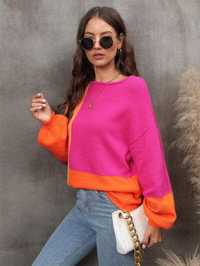 Color Block Round Neck Sweater - Flyclothing LLC