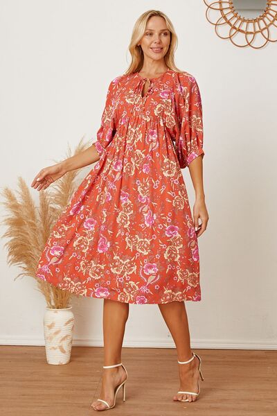 Floral Tie Neck Half Sleeve Dress - Flyclothing LLC