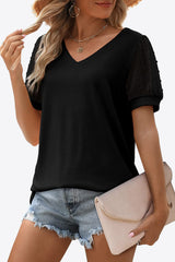 Swiss Dot Puff Sleeve V-Neck Tee - Flyclothing LLC