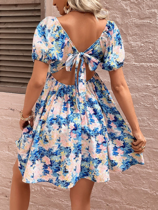 Floral Square Neck Puff Sleeve Dress - Flyclothing LLC