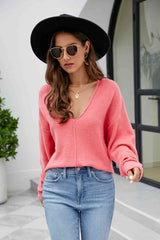 V-Neck Drop Shoulder Long Sleeve Knit Top - Flyclothing LLC