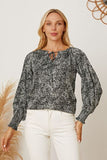 Printed Tie Neck Lantern Sleeve Blouse - Flyclothing LLC