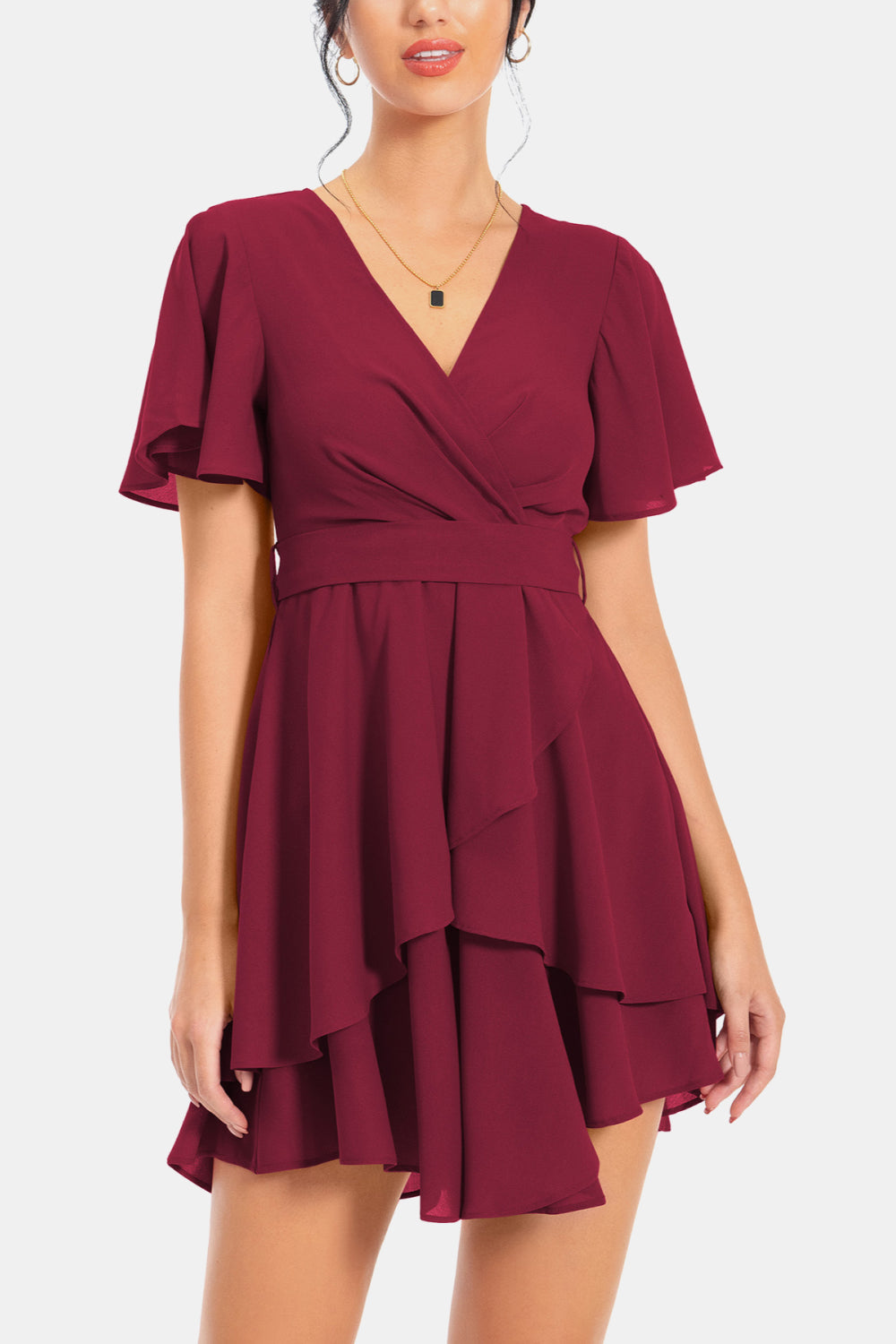 Surplice Neck Flutter Sleeve Dress - Flyclothing LLC