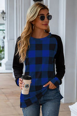 Plaid Round Neck Long Sleeve T-Shirt - Flyclothing LLC