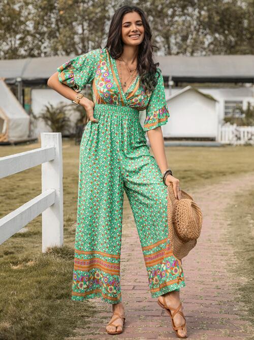 Floral Surplice Flutter Sleeve Jumpsuit - Flyclothing LLC