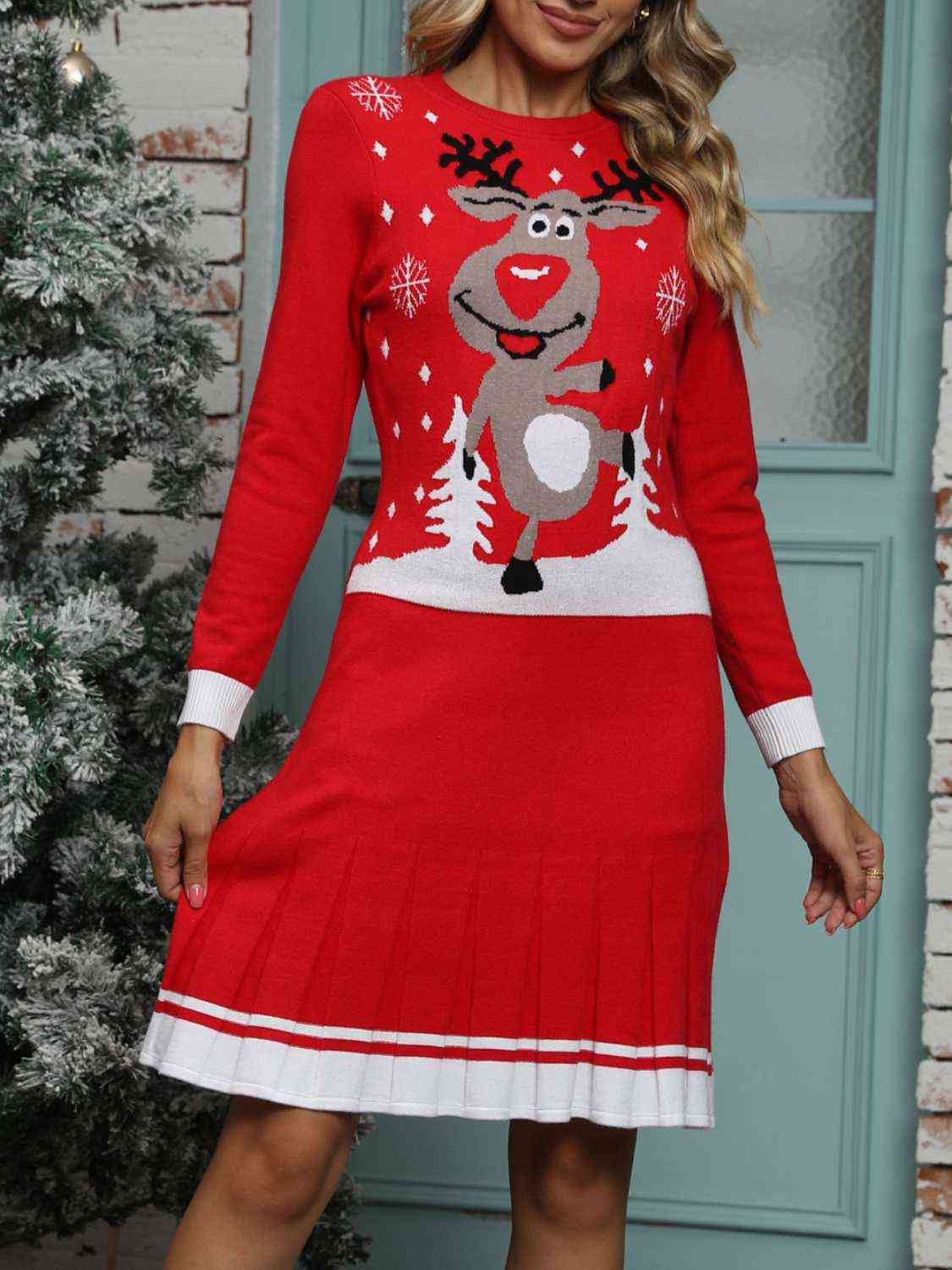 MERRY CHRISTMAS Graphic Pleated Sweater Dress - Flyclothing LLC